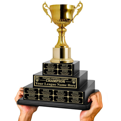 TrophySmack 17" Fantasy Football Tiered Perpetual Trophy - Black/Gold Engravings