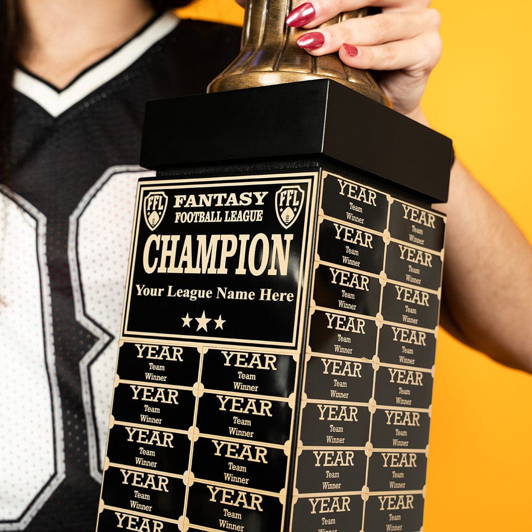 TrophySmack 24" Fantasy Football Tower Perpetual Trophy - Black/Gold Engravings